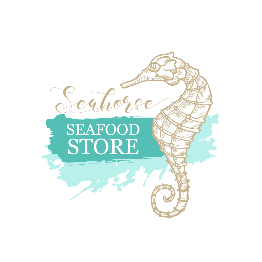 Seahorse vector thin line art design for seafood store and fish market logo. Seahorse in golden pencil hatching, calligraphy and sketch texture on marine green or turquoise paint stroke background. Golden seahorse, seafood store and fish market