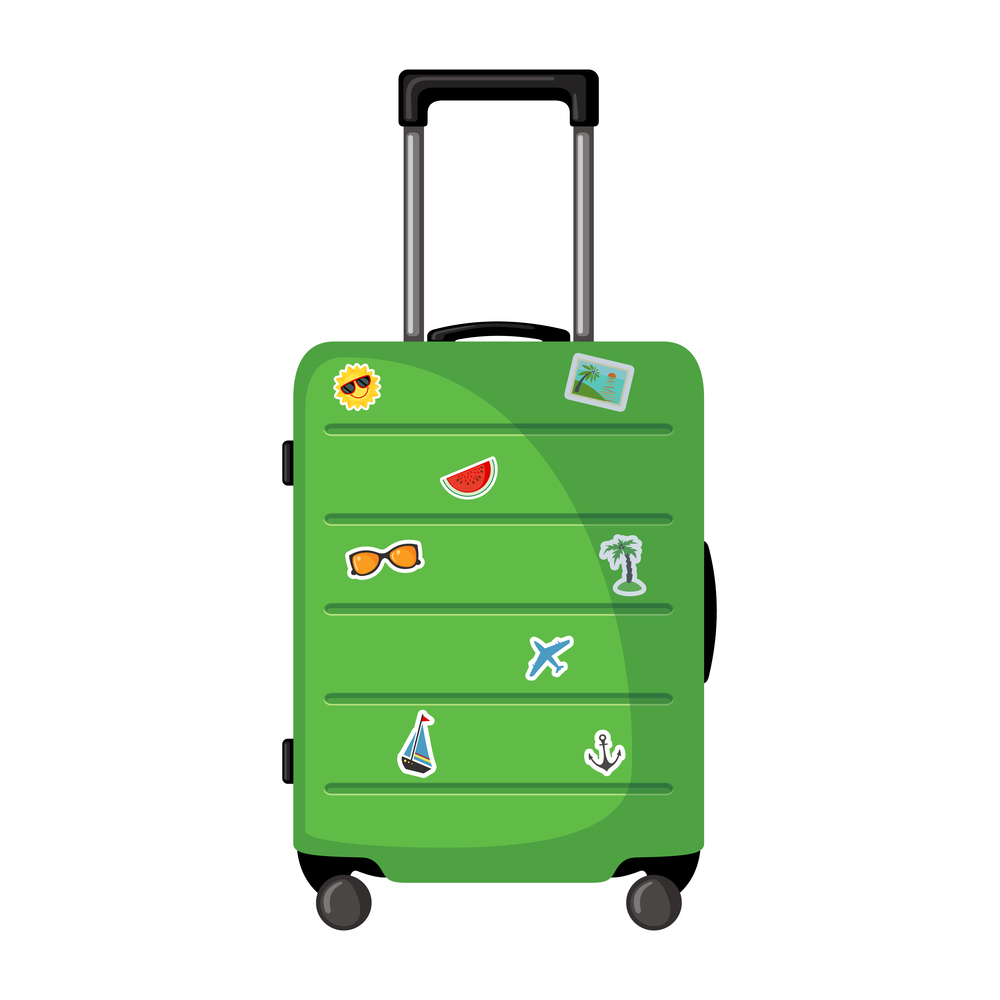 Travel suitcase with wheels and stickers in flat style isolated on white background. Green luggage icon for trip, tourism, voyage or summer vacation.. Vector Travel suitcase icon with wheels and stickers in flat style isolated on white.