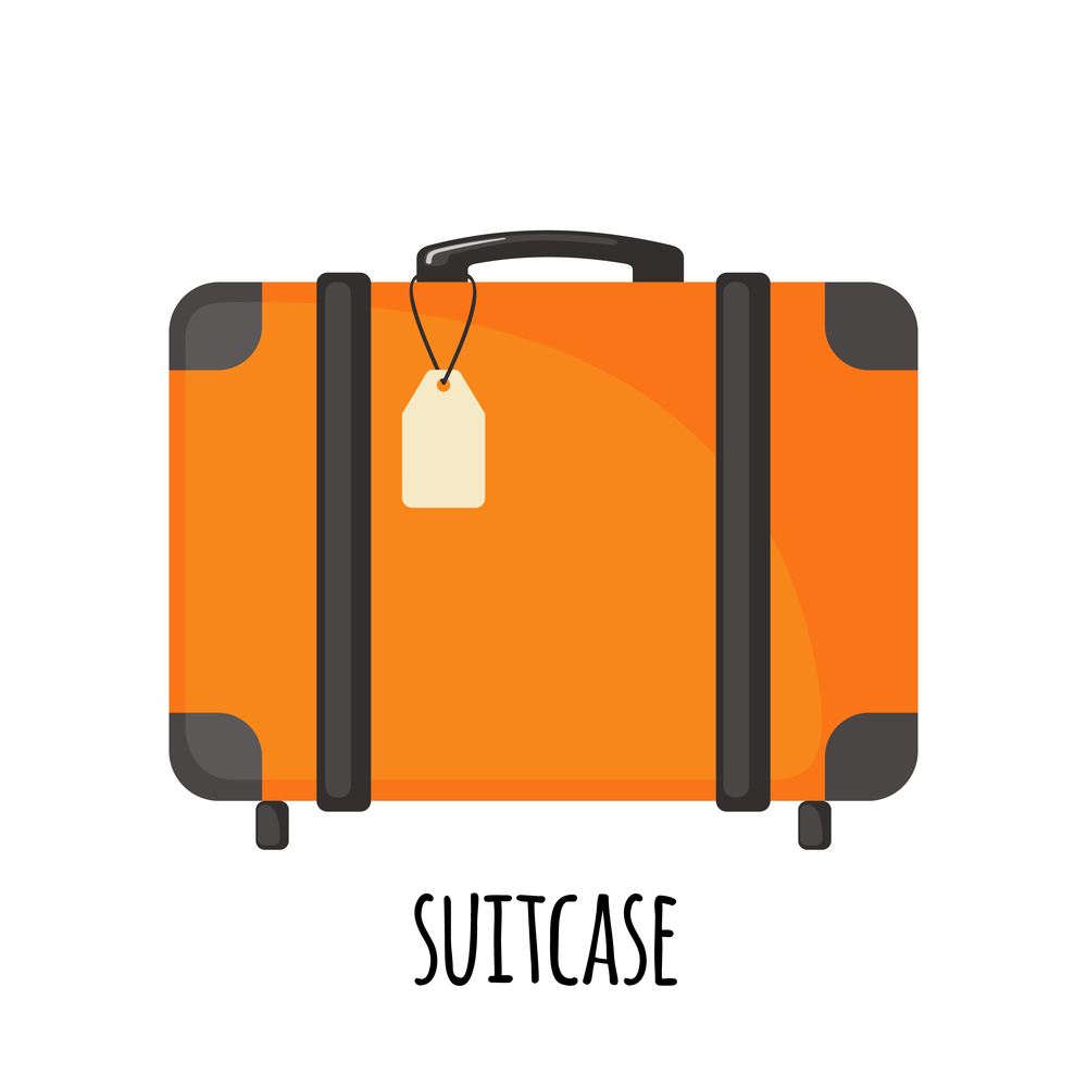 Travel suitcase with wheels in flat style isolated on white background. Orange luggage icon for trip, tourism, voyage or summer vacation.. Vector Travel suitcase icon with wheels in flat style isolated on white.
