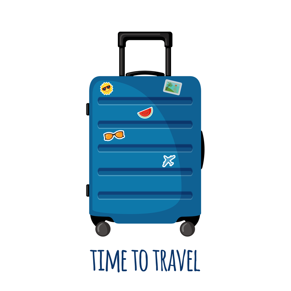 Travel suitcase with wheels and stickers in flat style isolated on white background. Blue luggage icon for trip, tourism, voyage or summer vacation.. Vector Travel suitcase icon with wheels and stickers in flat style isolated on white.
