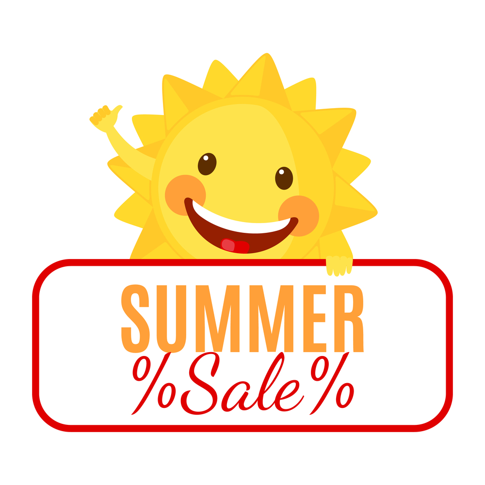 Funny Sun icon in flat style isolated on white background. Summer sale poster or banner. Smiling cartoon sun. Vector illustration.. hello summer rock n roll poster. summer party design template