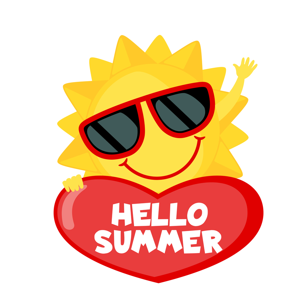 Funny Sun with sunglasses and heart isolated on white background. Smiling cartoon sun. Icon in flat style. Hello summer. Vector illustration.. Funny Sun with sunglasses icon in flat style isolated on white background.