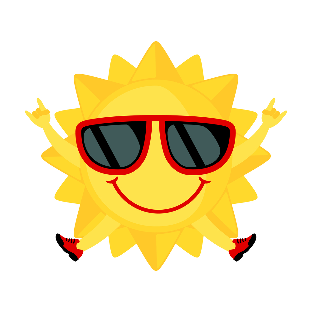 Funny Sun with sunglasses icon in flat style isolated on white background. Smiling cartoon sun. Vector illustration.. Funny Sun with sunglasses icon in flat style isolated on white background.