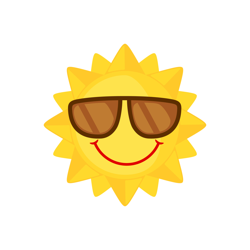 Funny Sun with sunglasses icon in flat style isolated on white background. Smiling cartoon sun. Vector illustration.. Funny Sun with sunglasses icon in flat style isolated on white background.