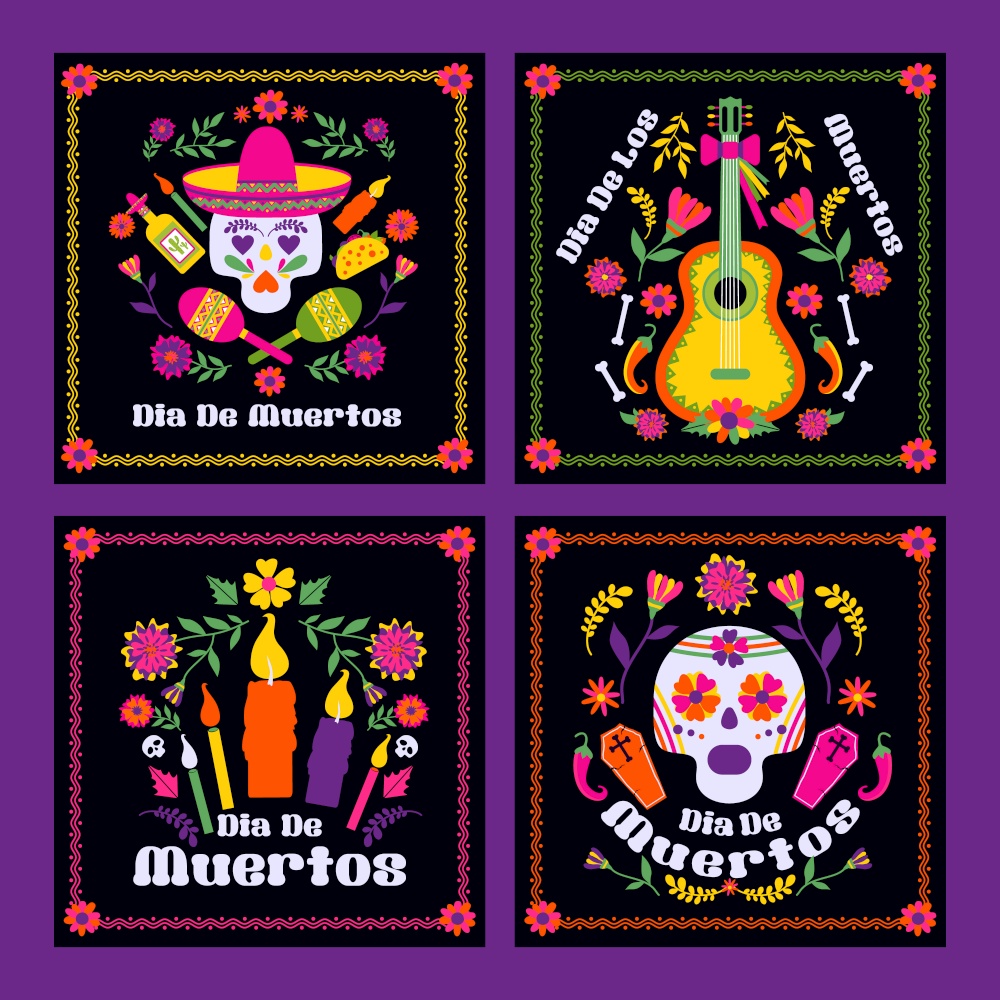 Cinco de Mayo-May 5th- typography banner vector.. Dias de los Muertos typography banners vector. Mexico design for fiesta cards or party invitation, poster. Flowers traditional mexican frame with floral letters on black background.