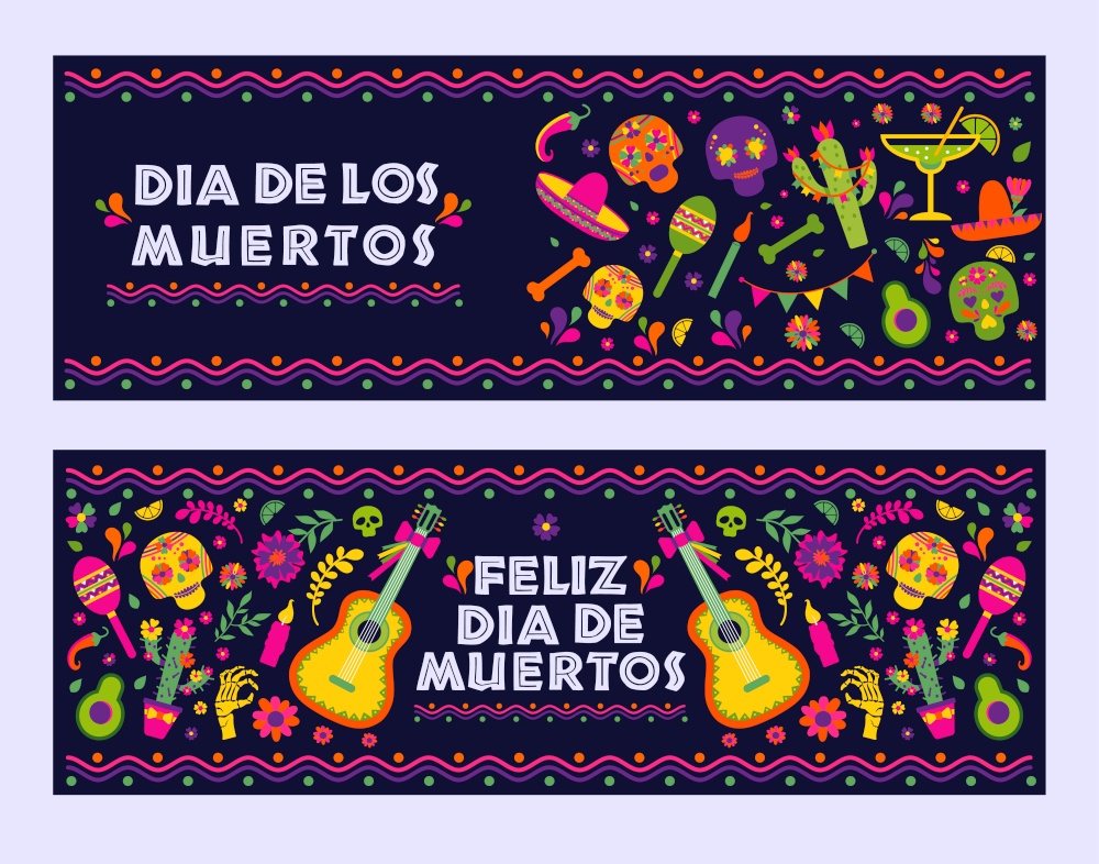 Cinco de Mayo-May 5th- typography banner vector.. Dias de los Muertos typography banners vector. Mexico design for fiesta cards or party invitation, poster. Flowers traditional mexican frame with floral letters on dark background. Feast of death.
