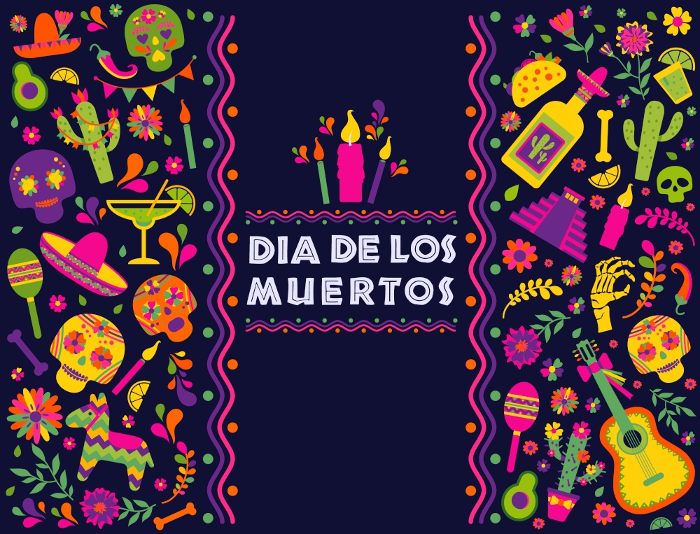 Cinco de Mayo-May 5th- typography banner vector.. Dias de los Muertos typography banner vector. In English Feast of death.Mexico design for fiesta cards or party invitation, poster. Flowers traditional mexican frame with floral letters on dark background.
