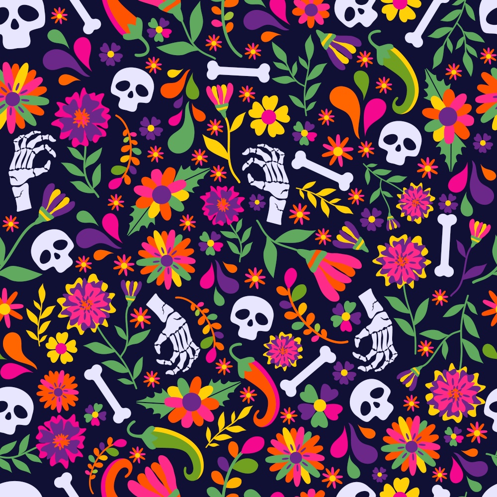 Seamless vector pattern with mexican elements on black. Seamless vector pattern with mexican elements - guitar, sombrero, tequila, taco, skull on dark. Perfect artistic background for your design. Dias de los muertos. Translate-Feast of death.