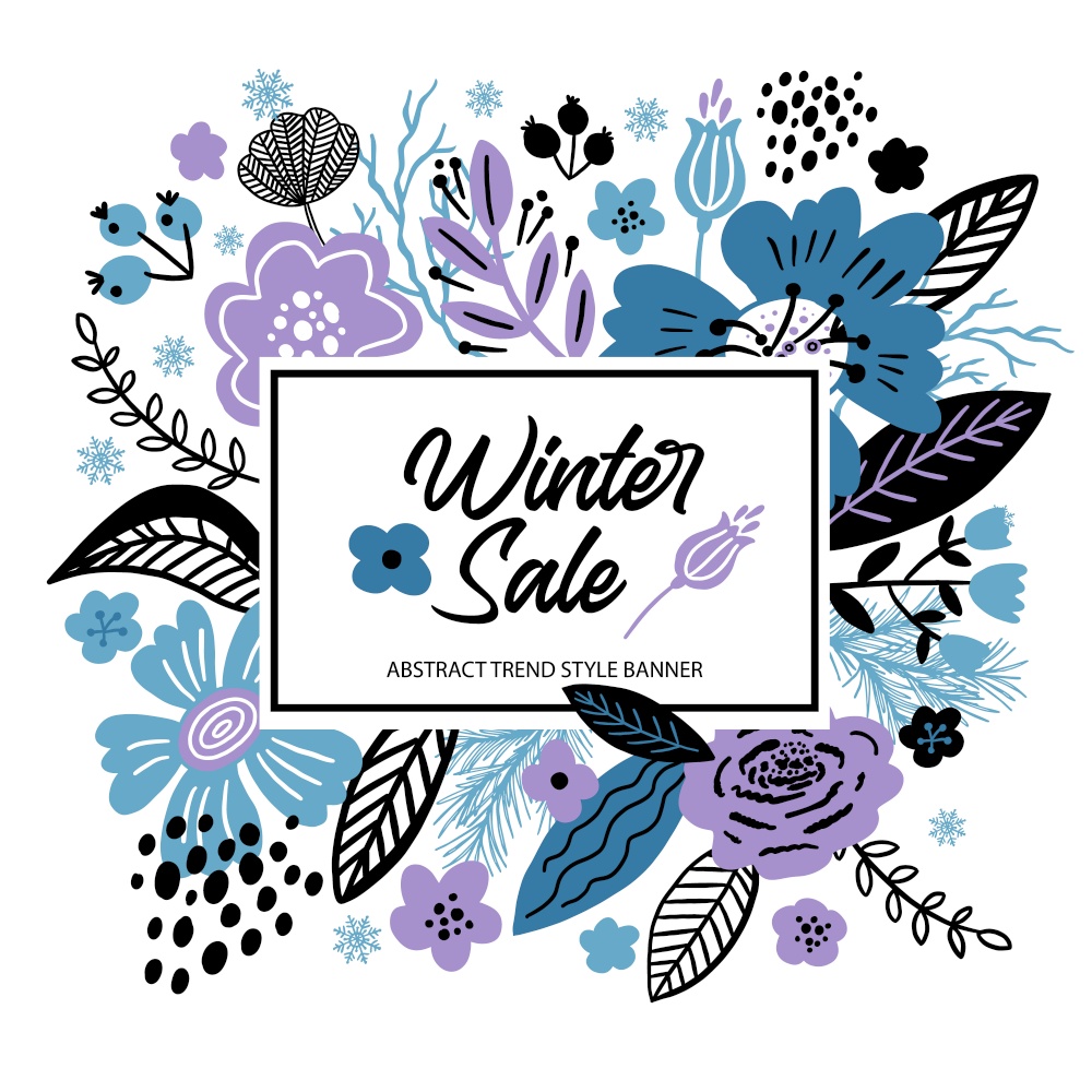 Vector floral banner sale winter illustration in trend colors. Flat flowers, petals, leaves with and doodle elements.. Vector floral banner sale winter illustration in trend colors. Flat flowers, petals, leaves with and doodle elements. Collage style botanical background for sale.