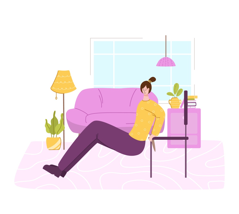 Women doing sport exercises at home. Indoor training or workout concept. Home activity for people health. Girl doing push ups in living room with chair - vector illustration on white background. home fitness and workout indoor