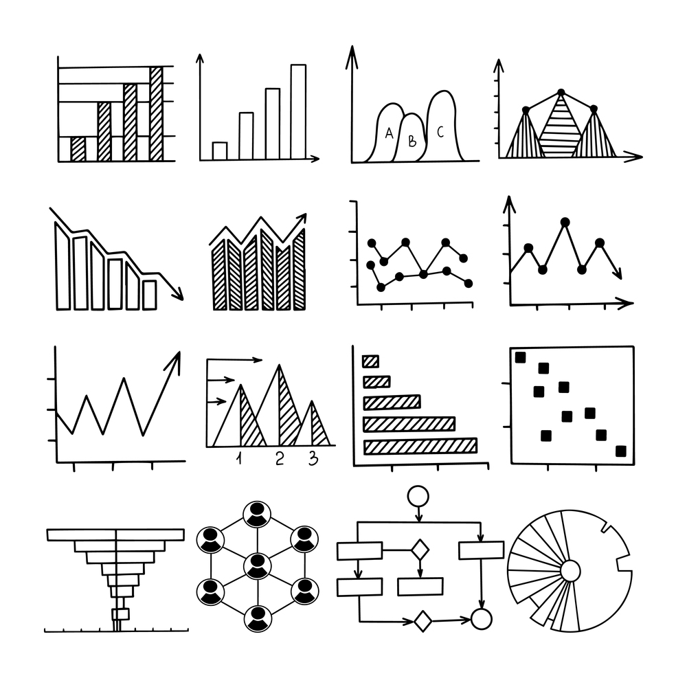 Graph and chart linear vector illustrations set. Business presentation, data visualization simple symbols isolated pack. Analytics report, statistics charts white thin line icons collection. Graph and chart linear vector illustrations set
