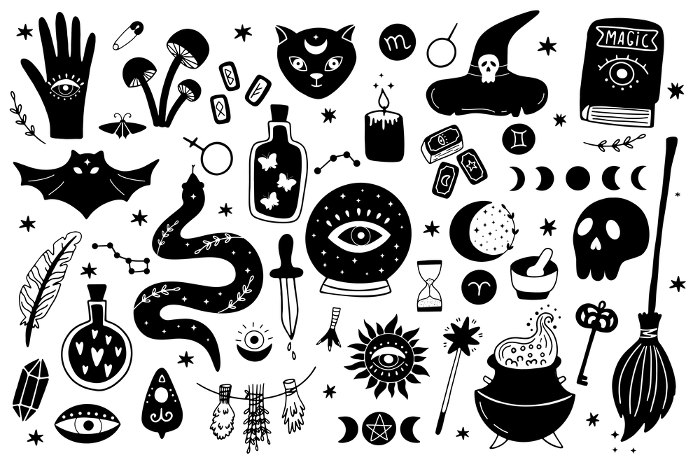 Magical vector set. Hand-drawn icons with witchcraft symbols isolated on white background. Mystical collection consist of crystal ball, black cat, bat, skull, magic elixir, snake, eyes and ets