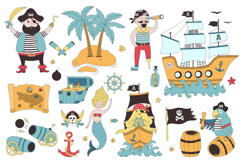 Pirate set with  sail ship, palm, mermaid, pirates, map, octopus on a white background. Hand drawn vector  illustration of cute pirate objects. It&rsquo;s perfect for greeting card decoration, posters, room decor, children prints and others.