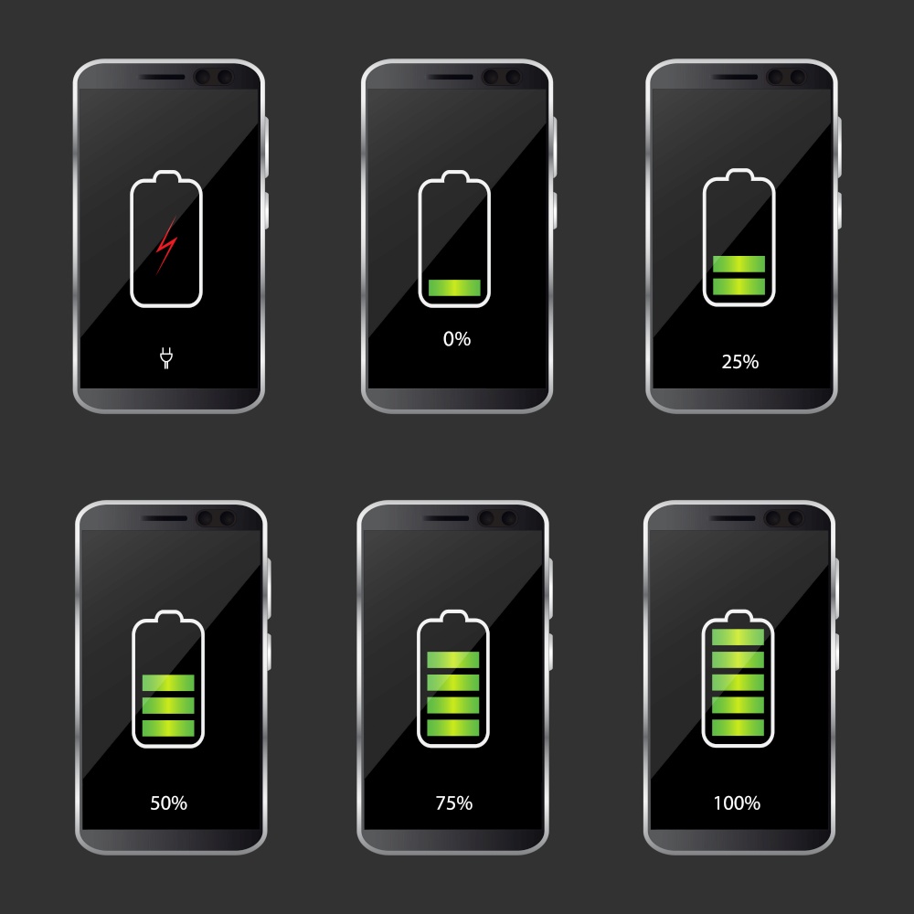 Battery charge state indicator icons. Set with different levels of charge phone&rsquo;s battery. Vector illustration.