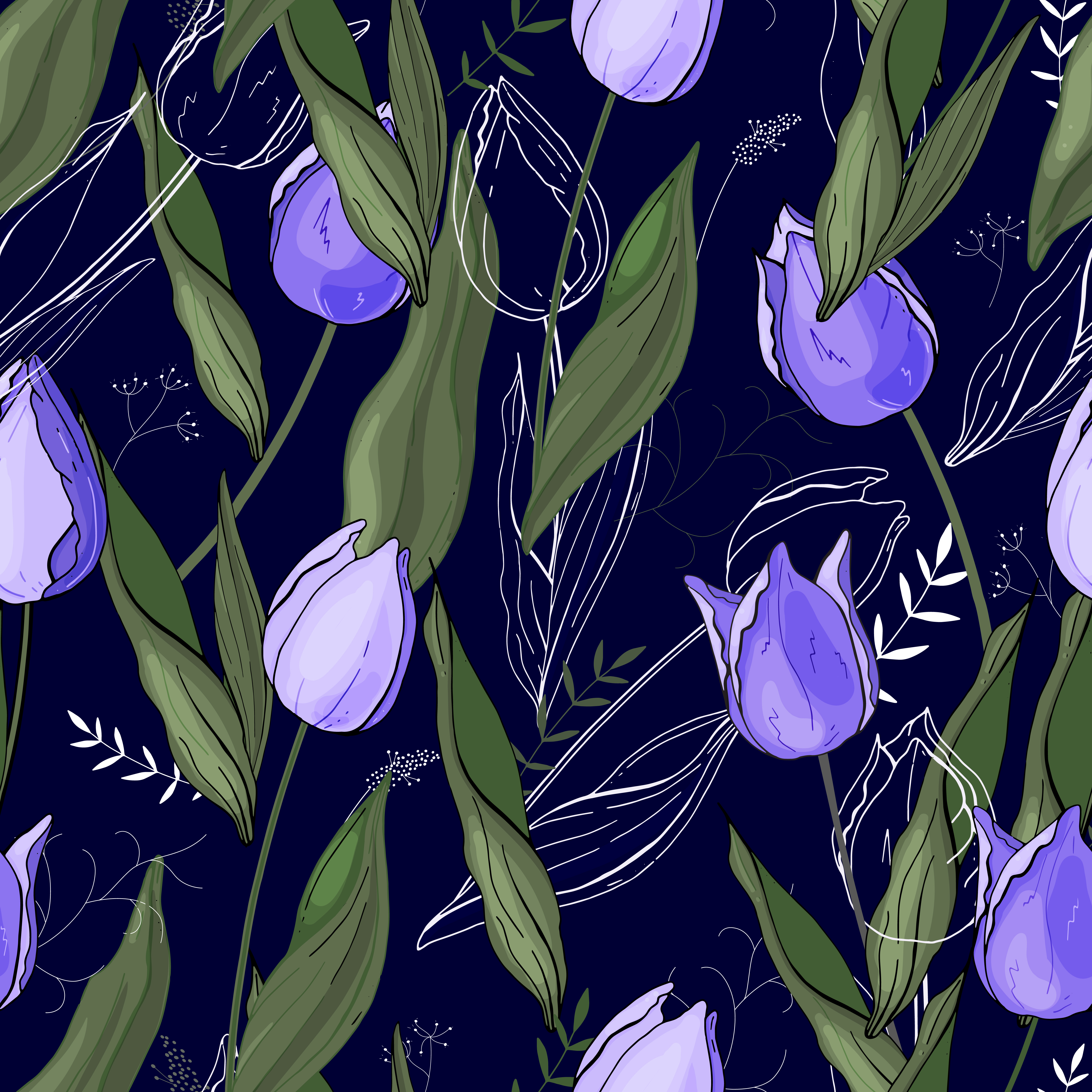 Tulips. Hand drawn style on background. Seamless vector texture. Floral pattern with  different kind of flowers.
