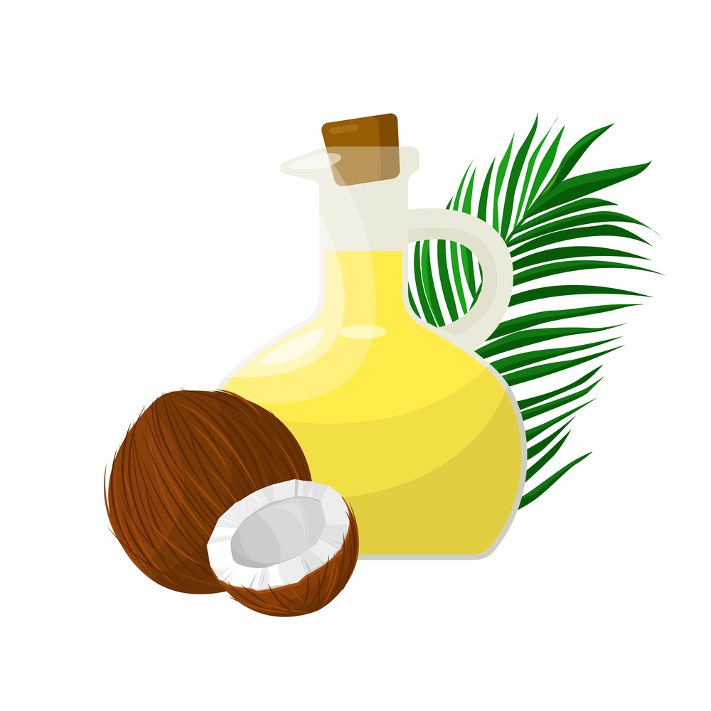 Coconut oil in glass bottle, palm leaf and coconut on white background.