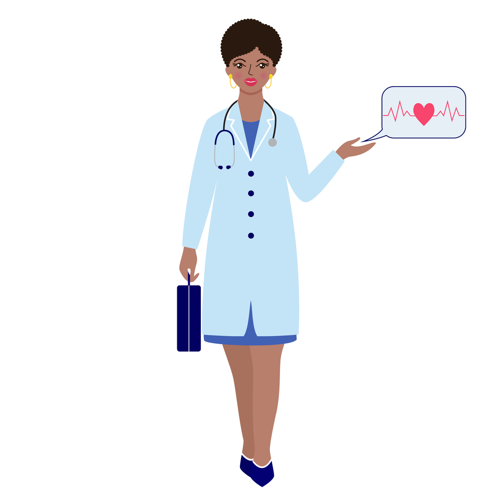 Woman doctor with briefcase and stethoscope on white background