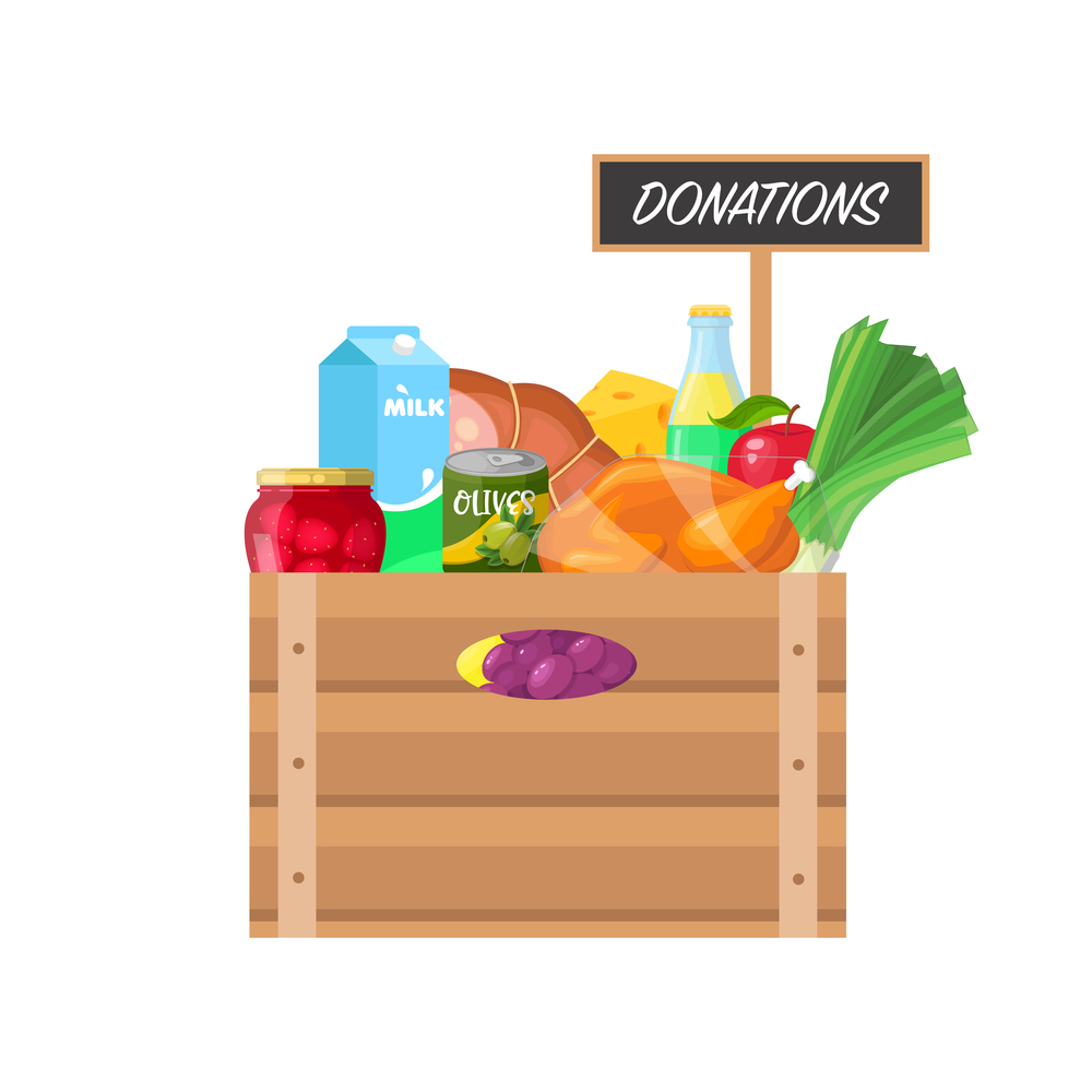 Box with food donations on white background.