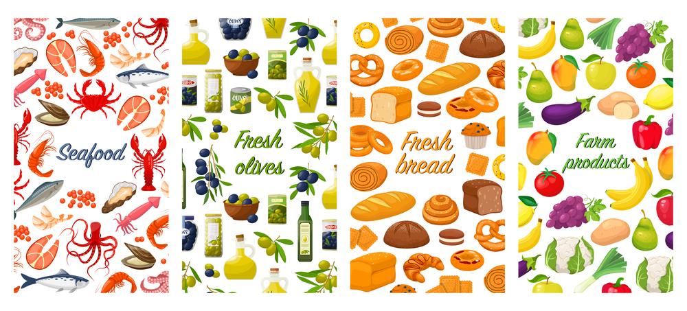 Collection of flyers with products and food on white background.