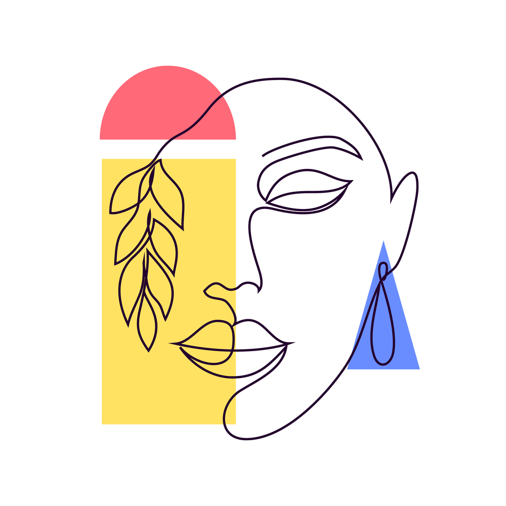 Abstract poster with minimal woman face.One line drawing style.