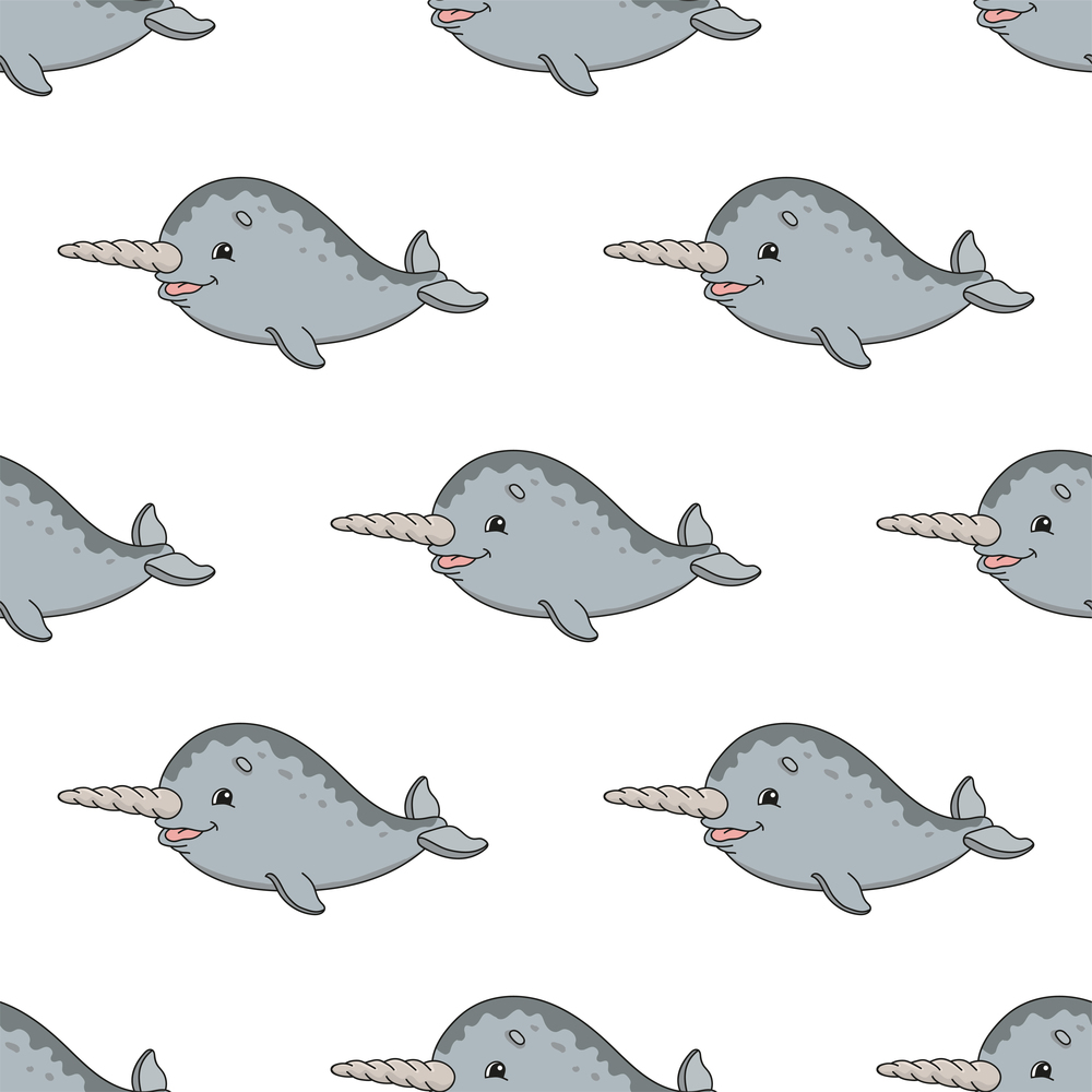 Colored seamless pattern with cute cartoon character. Simple flat vector illustration isolated on white background. Design wallpaper, fabric, wrapping paper, covers, websites.. Happy narwhal. Colored seamless pattern with cute cartoon character. Simple flat vector illustration isolated on white background. Design wallpaper, fabric, wrapping paper, covers, websites.
