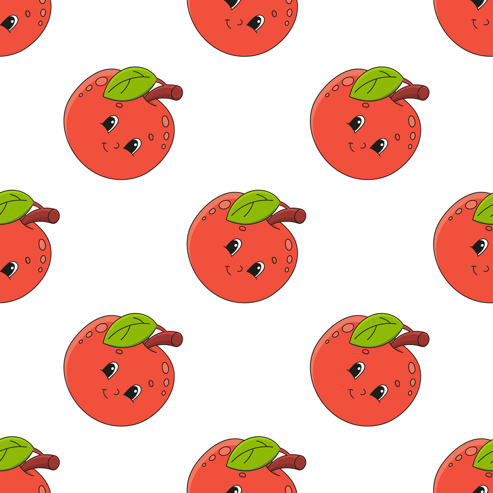 Colored seamless pattern with cute cartoon character. Simple flat vector illustration isolated on white background. Design wallpaper, fabric, wrapping paper, covers, websites.. Happy apple. Colored seamless pattern with cute cartoon character. Simple flat vector illustration isolated on white background. Design wallpaper, fabric, wrapping paper, covers, websites.