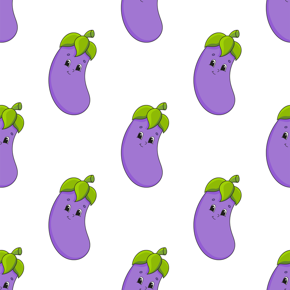 Colored seamless pattern with cute cartoon character. Simple flat vector illustration isolated on white background. Design wallpaper, fabric, wrapping paper, covers, websites.. Happy eggplant. Colored seamless pattern with cute cartoon character. Simple flat vector illustration isolated on white background. Design wallpaper, fabric, wrapping paper, covers, websites.