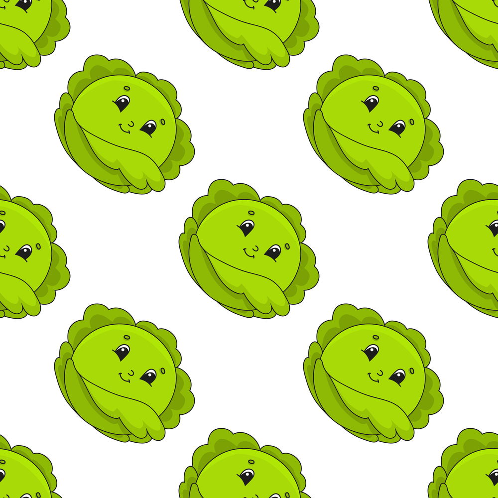 Colored seamless pattern with cute cartoon character. Simple flat vector illustration isolated on white background. Design wallpaper, fabric, wrapping paper, covers, websites.. Happy cabbage. Colored seamless pattern with cute cartoon character. Simple flat vector illustration isolated on white background. Design wallpaper, fabric, wrapping paper, covers, websites.