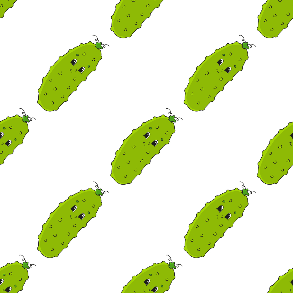 Colored seamless pattern with cute cartoon character. Simple flat vector illustration isolated on white background. Design wallpaper, fabric, wrapping paper, covers, websites.. Happy cucumber. Colored seamless pattern with cute cartoon character. Simple flat vector illustration isolated on white background. Design wallpaper, fabric, wrapping paper, covers, websites.