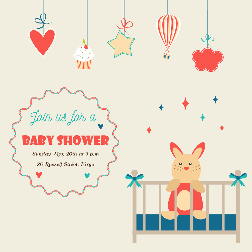 Baby shower invitation card with little rabbit in baby cot. Baby shower invitation card with little rabbit in a baby cot