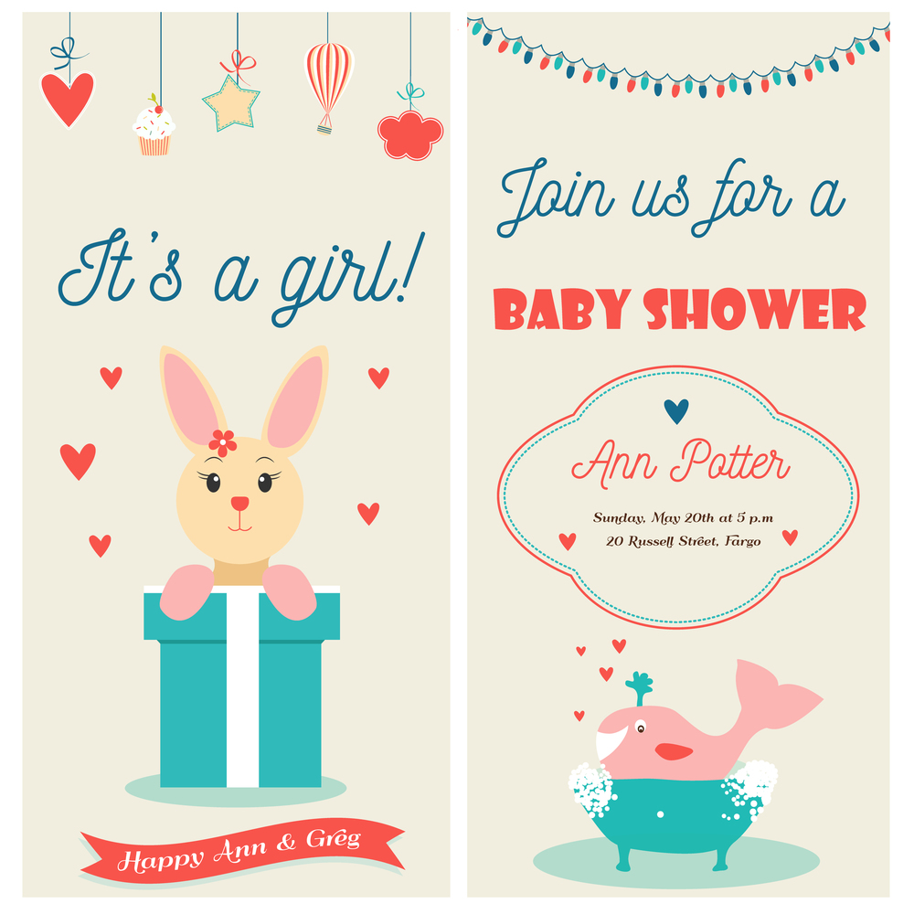 Baby shower double invitation card with cute bunny and happy whale. Baby shower double invitation card with cute bunny and whale