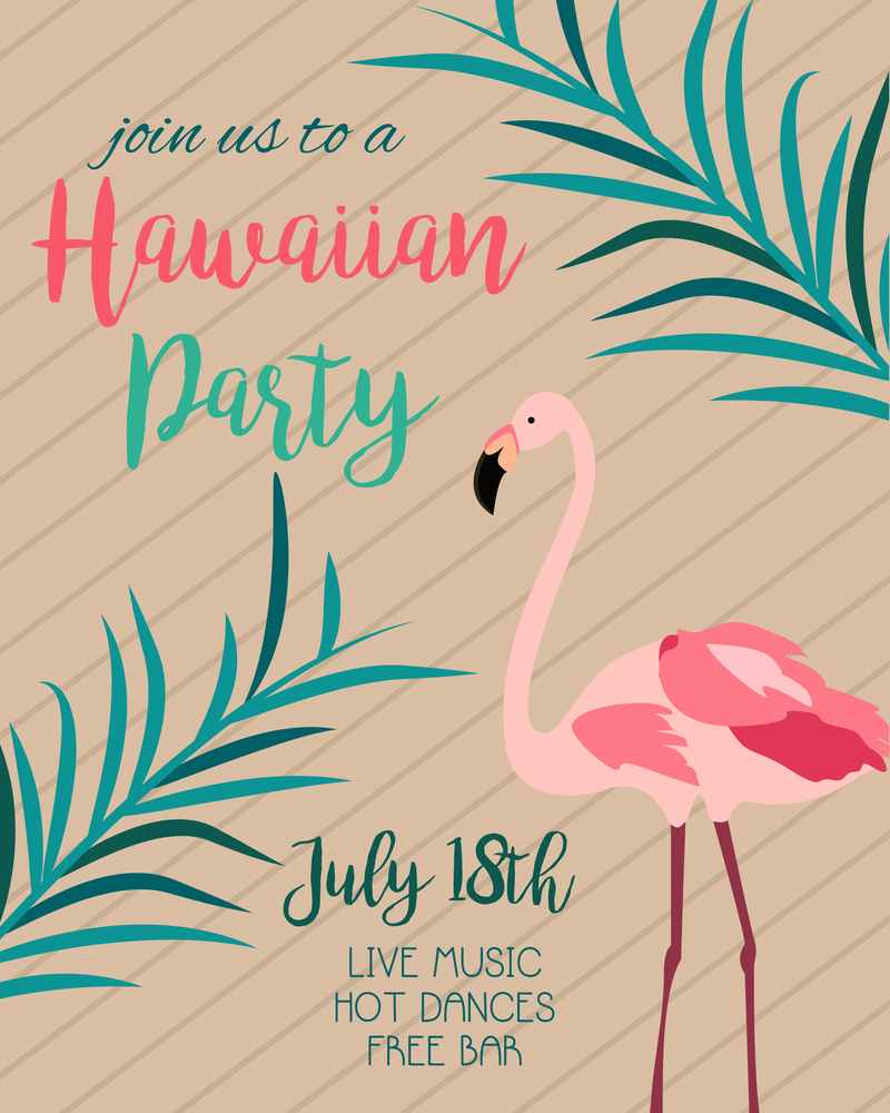 Cocktail, birthday invitation with bright flamingo on wooden background. Cocktail, birthday invitation on wooden background