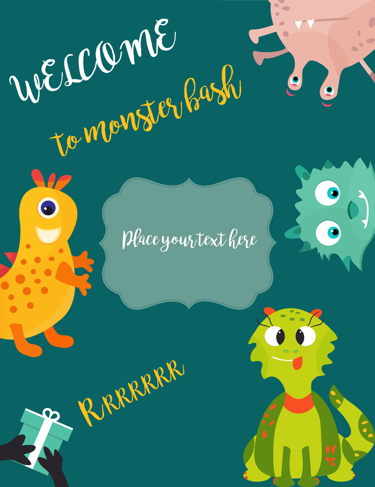 Birthday postcard or invitation with cute monster and text. Party card design. Birthday postcard or invitation with cute monsters and text