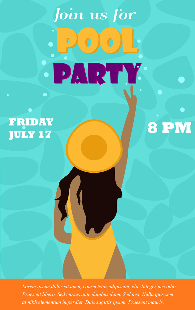 Bright invitation template for the pool party with pretty girl. Bright invitation template for the pool party with young girl