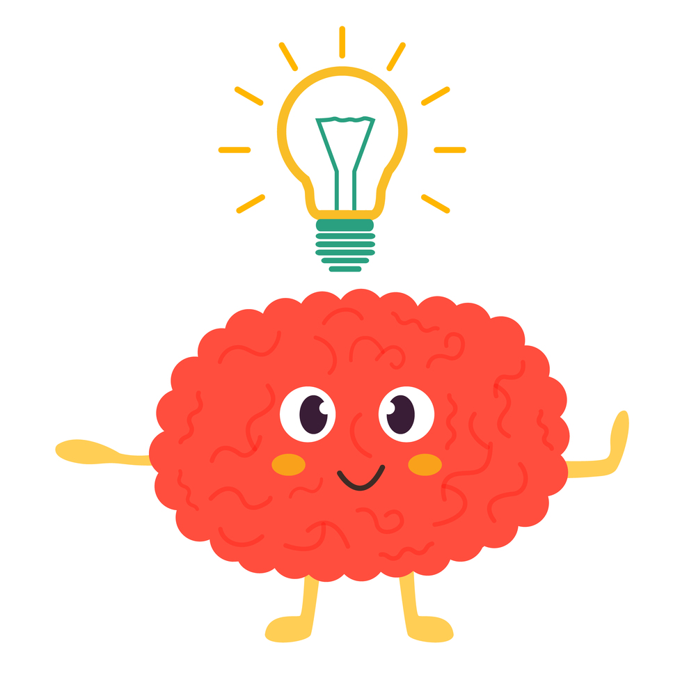 Train your brain poster with funny cartoon brain and lightbulb. Train your brain poster with funny cartoon brain