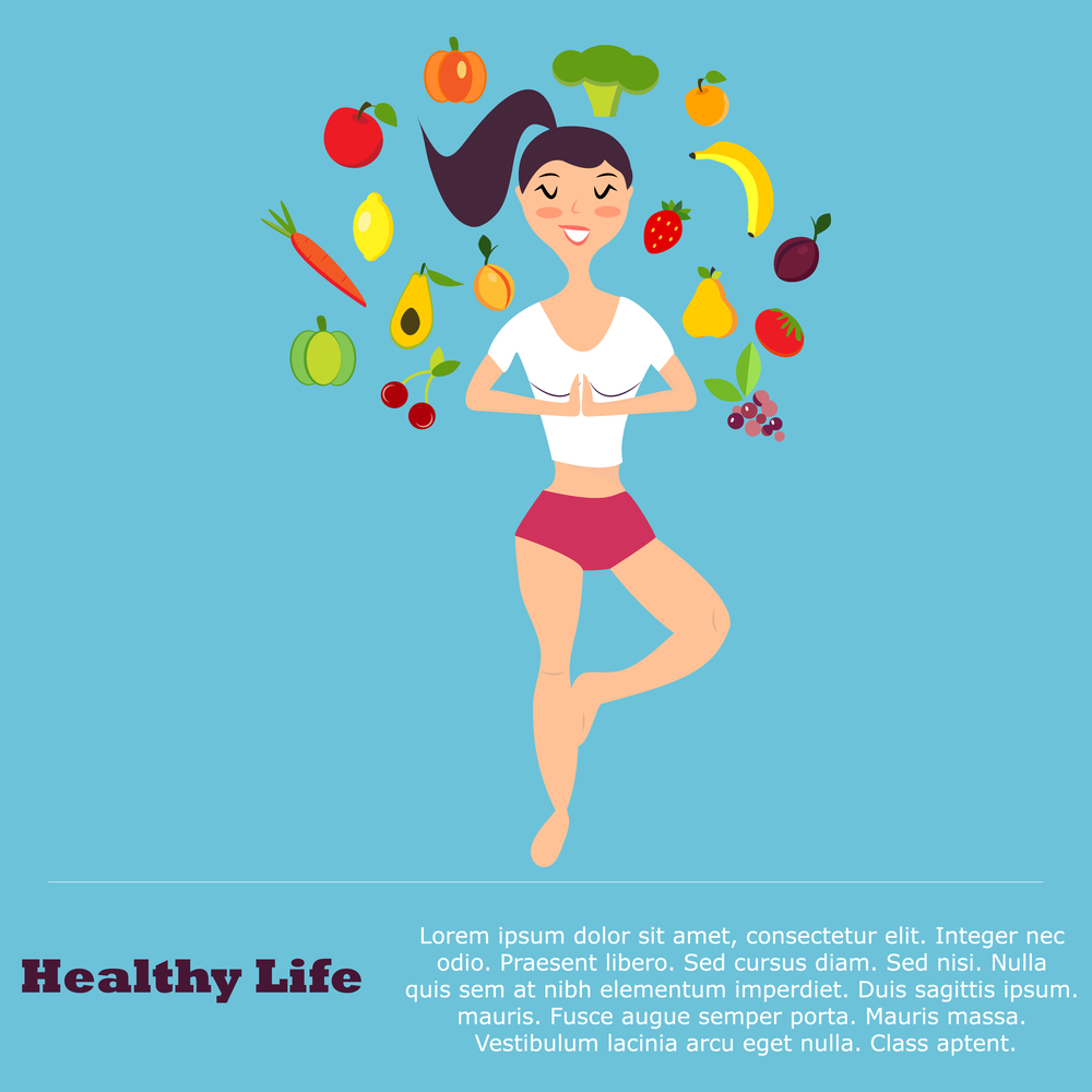 Healthy eating  concept with flat images fruits, vegetables and  girl doing yoga. Healthy eating  concept with flat images fruits, vegetables and girl