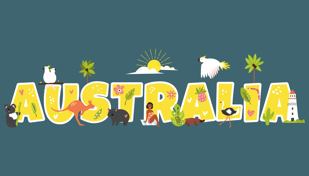 Tourist poster with famous symbols and animals of Australia. Explore Australia concept image. For banner, travel guides. Tourist poster with symbols, animals of Australia