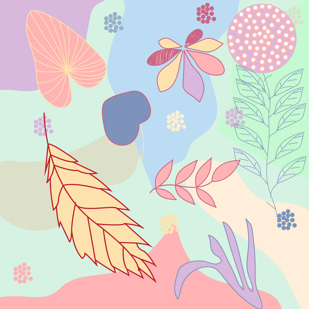 Creative versatile and bright floral background. Artistic header with flowers and leaves. Graphic design. Hand drawn texture. Perfect for website, card, poster, cover, invitation, brochure. Vector.