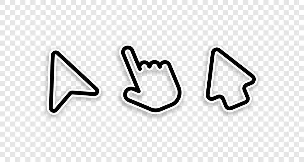 Click cursor collection. Cursor arrows and computer mouses with hand. Cursor icons. Arrows click vector icons. Mouse click cursor collection. Concept clicking. Pointer mouse. Vector illustration