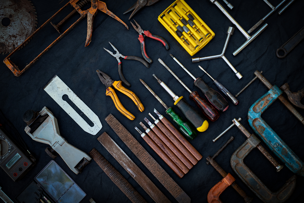 Photo top view a huge set collection of working hand and power tools many for the wooden on isolated black background, Toolset with interior,  do-it-yourself  DIY tool, kit flat style, Stock hardware
