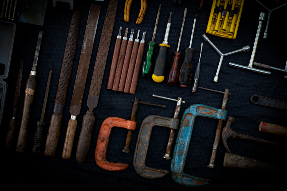 Photo top view a huge set collection of working hand and power tools many for the wooden on isolated black background, Old toolset with interior,  do-it-yourself  DIY tool, kit flat style, Stock hardware