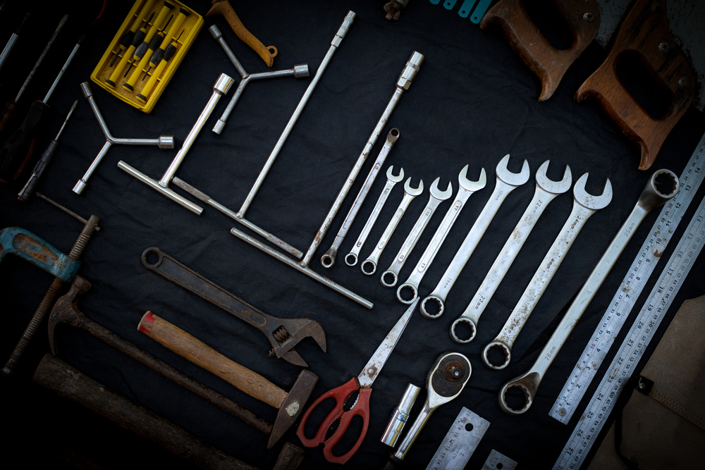 Photo top view a huge set collection of working hand and power tools many for the wooden on isolated black background, Toolset with interior,  do-it-yourself  DIY tool, kit flat style, Stock hardware
