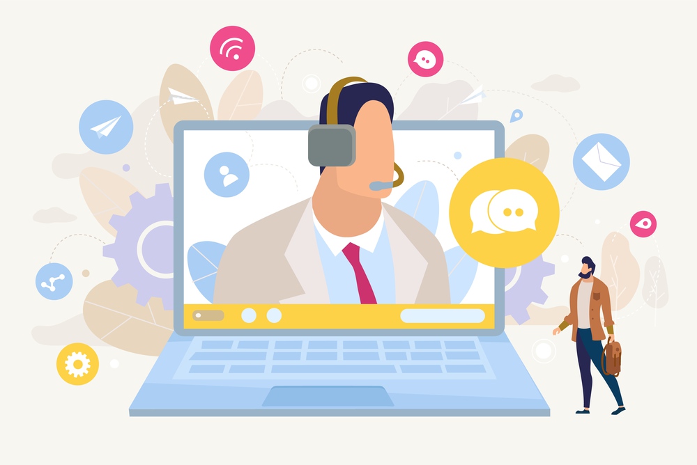 Customer Support Online, Call Center for Company Clients Flat Vector Concept. Man Asking Question, Searching Technical Advice, Messaging to Helpline, Communicating with Operator Online Illustration