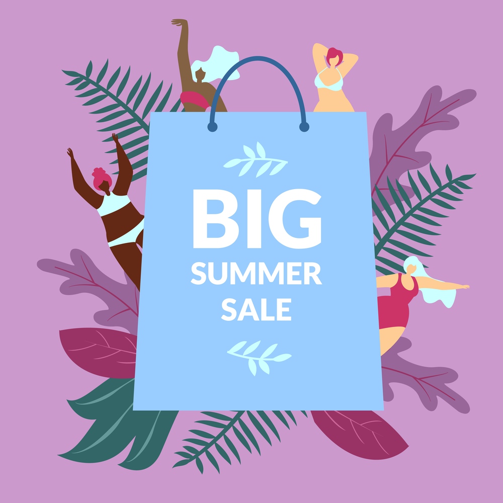 Poster Illustration Inscription Big Summer Sale. In Foreground is Large Paper Shopping Bag with Inscription. Women in Swimsuits Peeking Out from Behind Pack. Informative Discounts Poster.