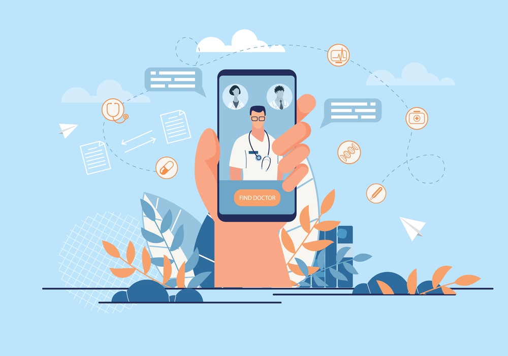 Informational Banner Call Doctor Application. Closeup Hand Holding Smartphone. On Screen Phone,  Doctor Will go to Help Patient. Professional Practitioner Clinic. Vector Illustration.