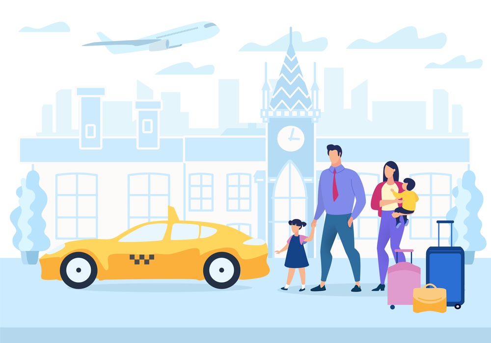 Advertising Poster Family Travel Cartoon Flat. Parents Travel with Children in Europe. Transfer from Airport for Families with Children. Family with Luggage Gets in Taxi. Vector Illustration.