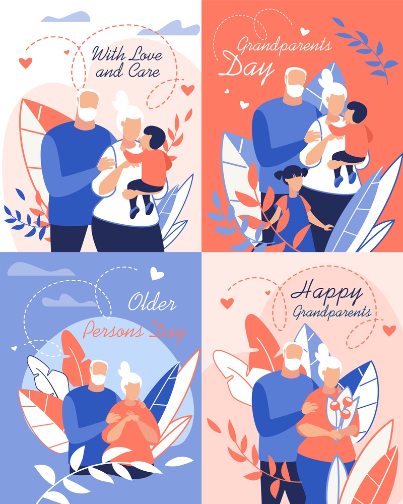 Informational Banner with Love and Care Lettering. Poster Inscription Grandparents Day, Older Persons Day, Happy Grandparents. Grandfather Hugs Wife, Grandmother Holds Grandson in her Arms.