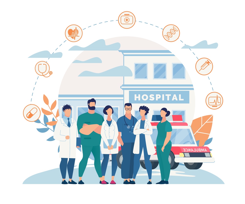 Informational Poster Hospital Staff Cartoon Flat. People in White Coats Working in Hospital. Men and Women Practicing Ambulance Specialists. Territory Medical Center. Vector Illustration