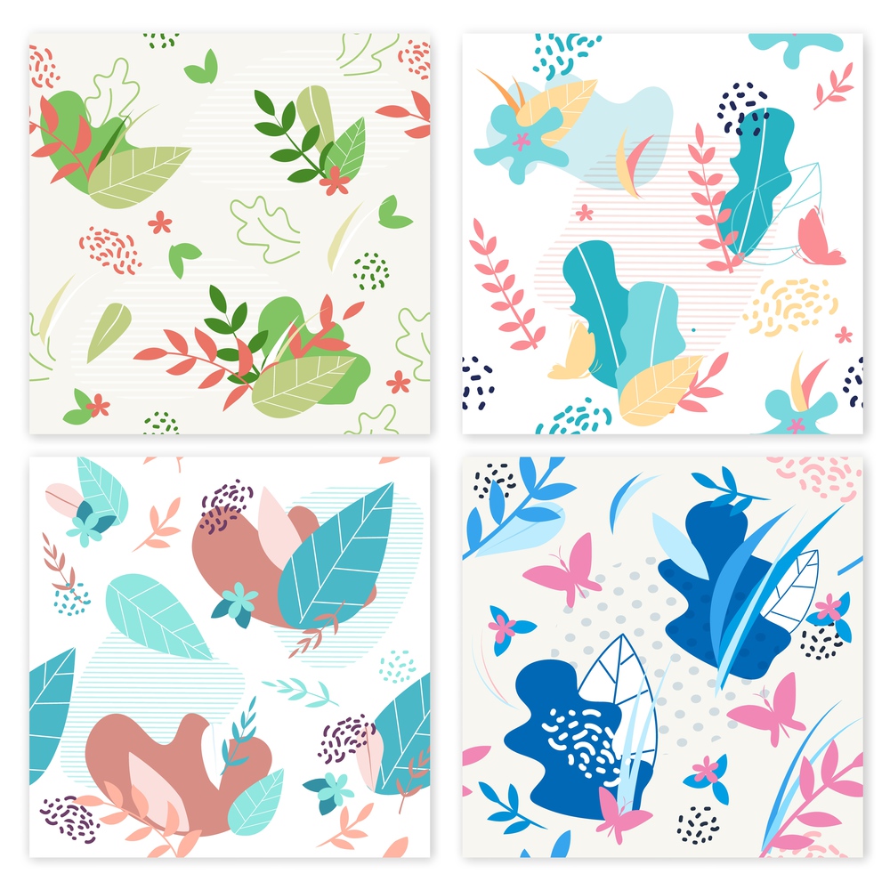 Set Banner Flower Decorations Vector Illustration. Poster Floral Ornament Flowers and Leaves Different Colors. Bright Summer Card with Butterflies and Plants. Collection Botany Composition.