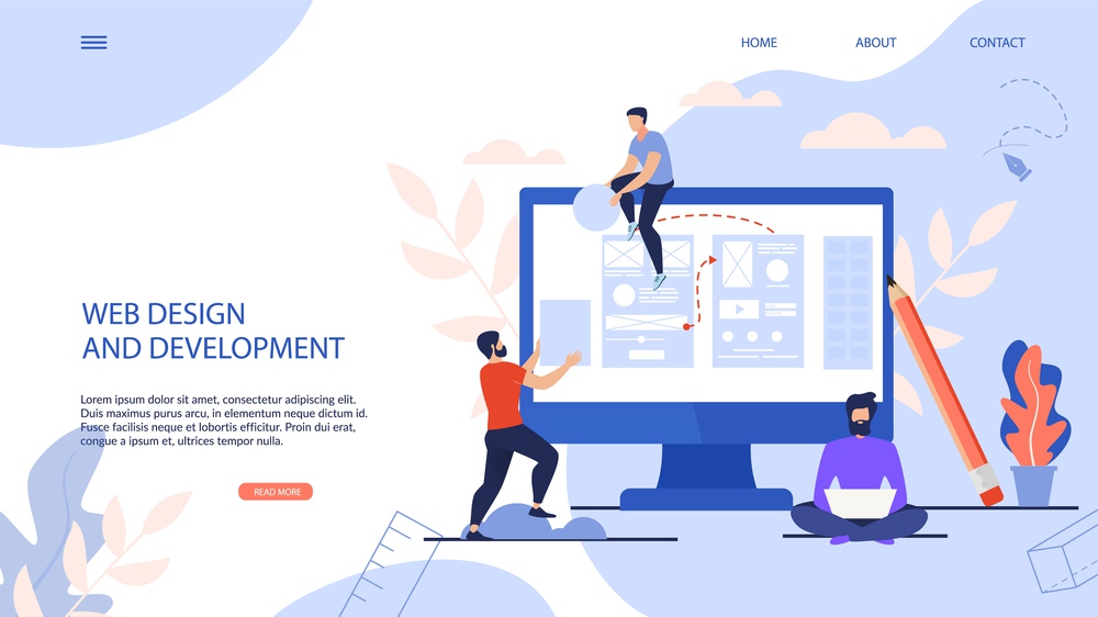 Banner is Written Web Design and Development. Poster Men on Elements Collect Content for Site. Guys Work as Team Content Managers Remotely Cartoon. Vector Illustration Landing Page.
